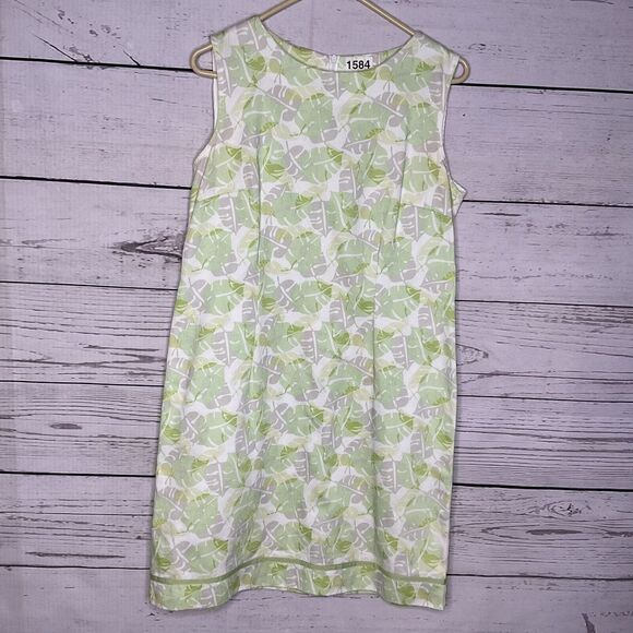 Vtg Cleo Women’s‎ Green Shift Dress 12P Monstera Leaves All Over Cotton Unlined - Picture 2 of 8